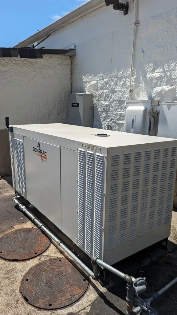 Two commercial Generac units on their pads outside a business