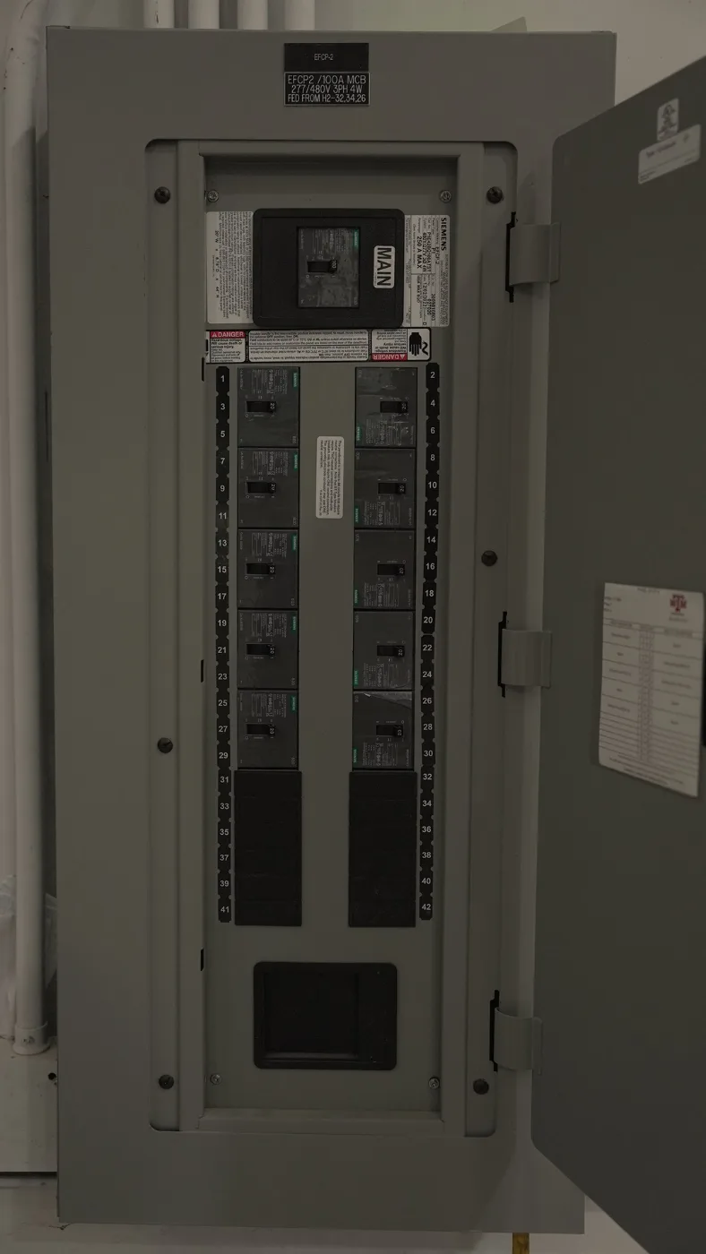 Siemens EFCP-2 panelboard, 277/480V three-phase, 100 A main breaker with ten 20 A branch breakers set and the directory in the door