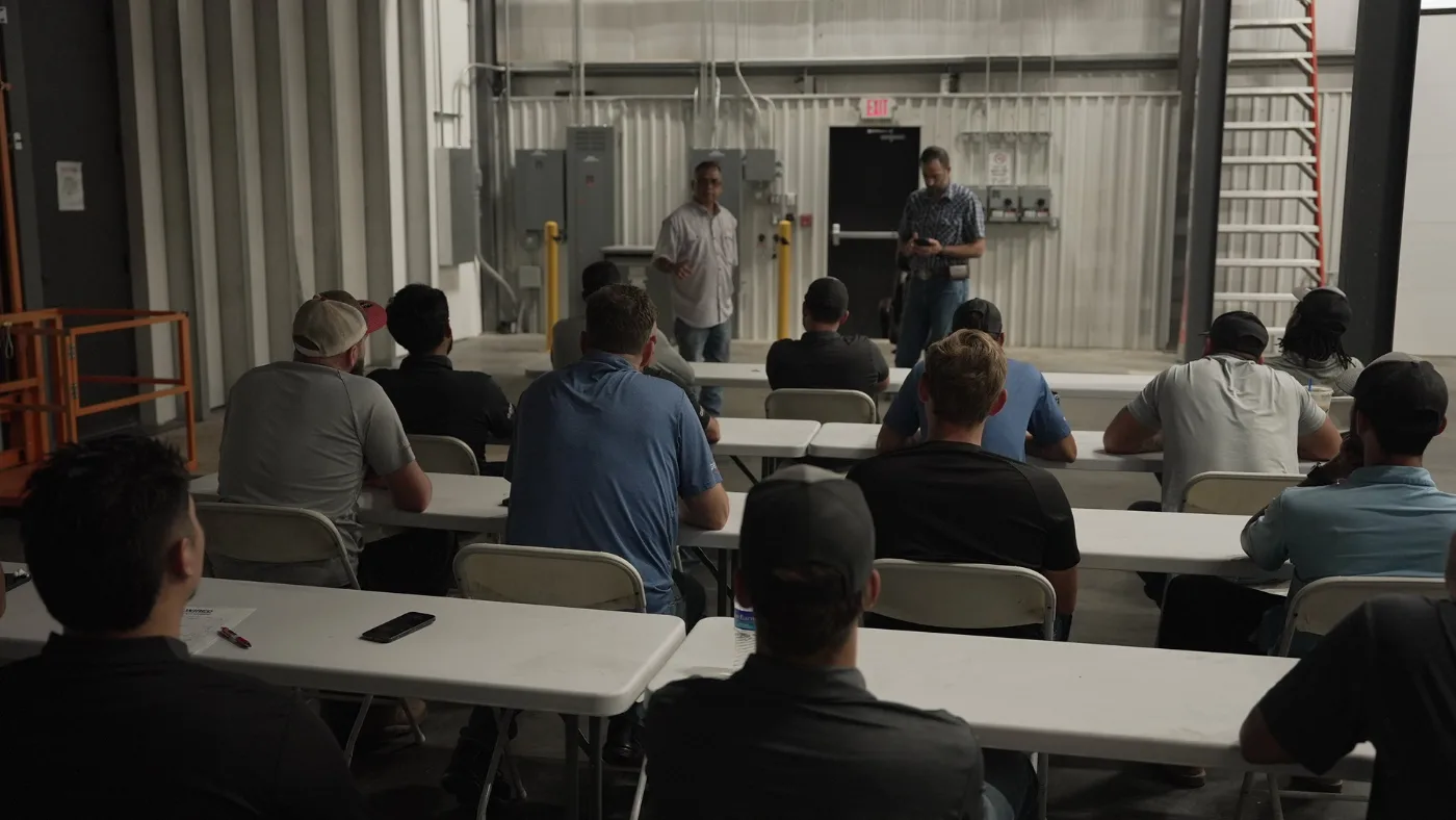 Morning meeting in the shop: the crew at the tables, leads up front