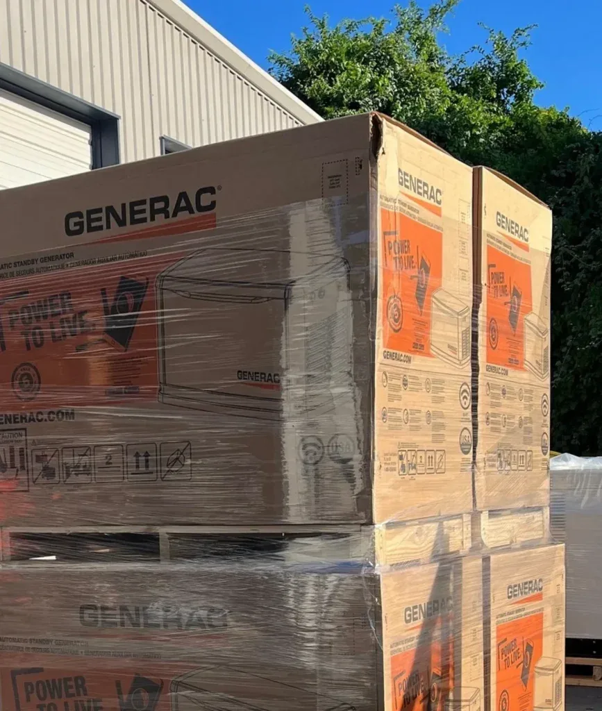 Generac units crated on our lot, ready to go out