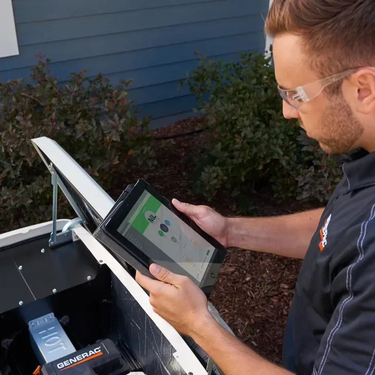 Technician using a tablet beside an open Generac generator