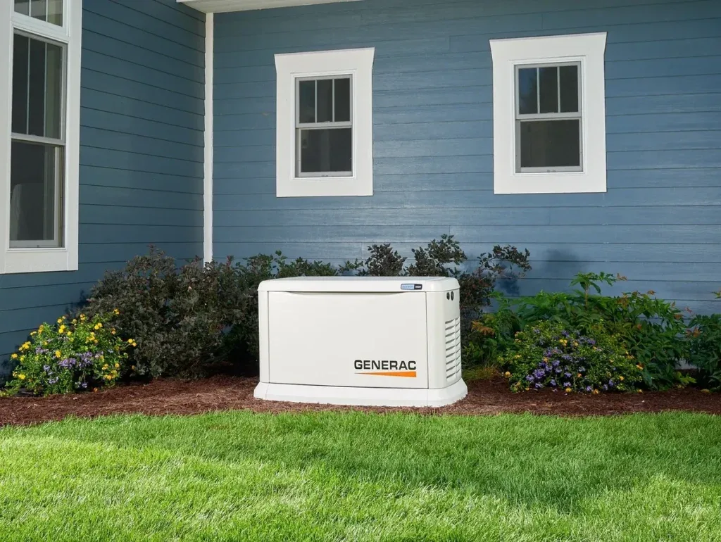 Generac standby generator beside a blue house in a garden bed