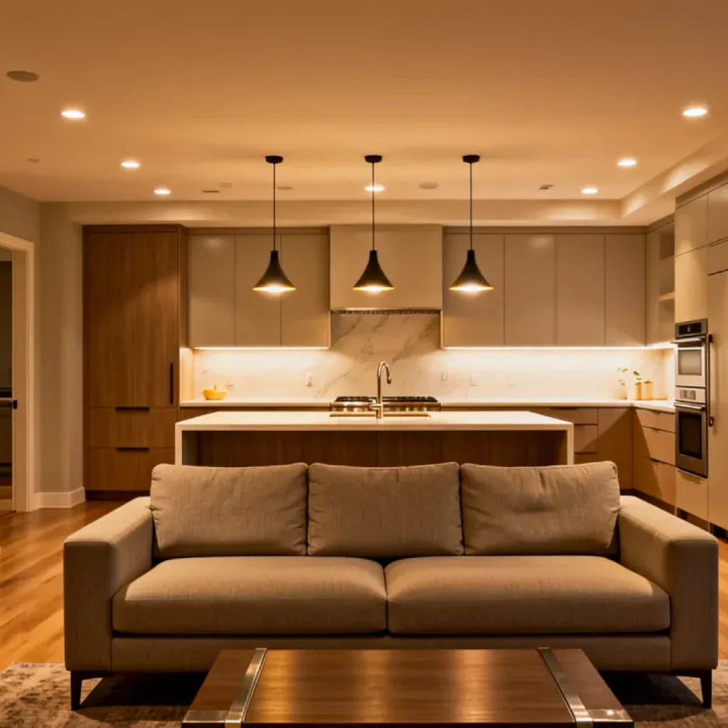 Open kitchen with recessed lights, three pendants and under-cabinet lighting