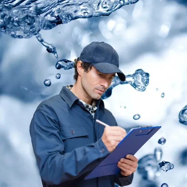 Technician writing on a clipboard against a water background