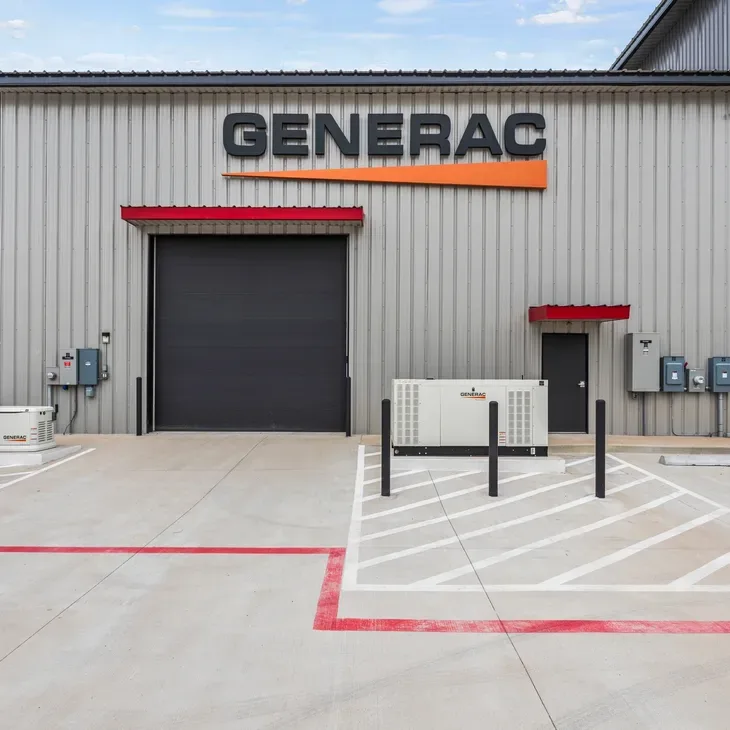 Commercial and home Generac generators outside the Generac bay at our building