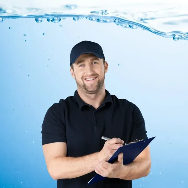 Technician holding a clipboard in front of a water background