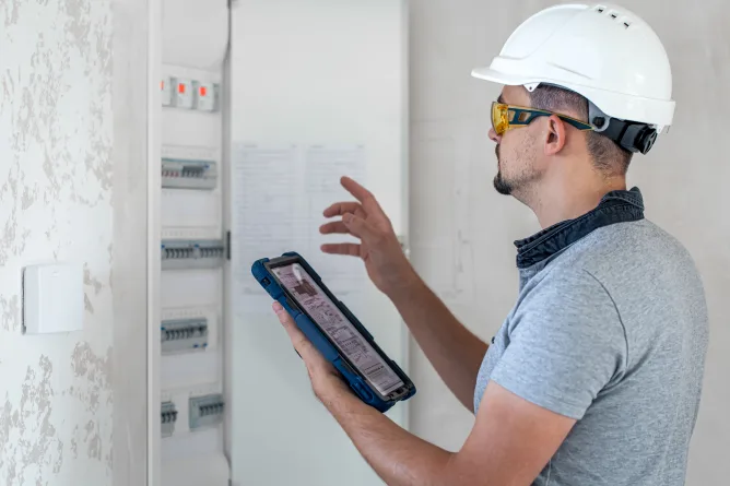Electrician with a tablet inspecting an open breaker panel