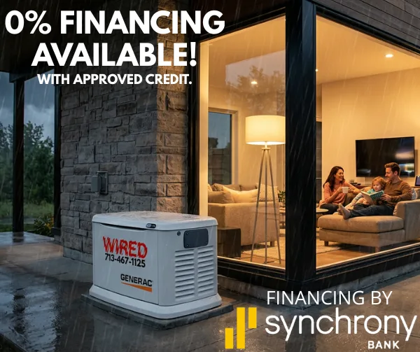 0% financing graphic with a Wired Generac generator and Synchrony Bank