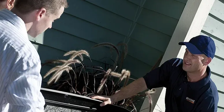 Technician showing a homeowner the inside of a standby generator