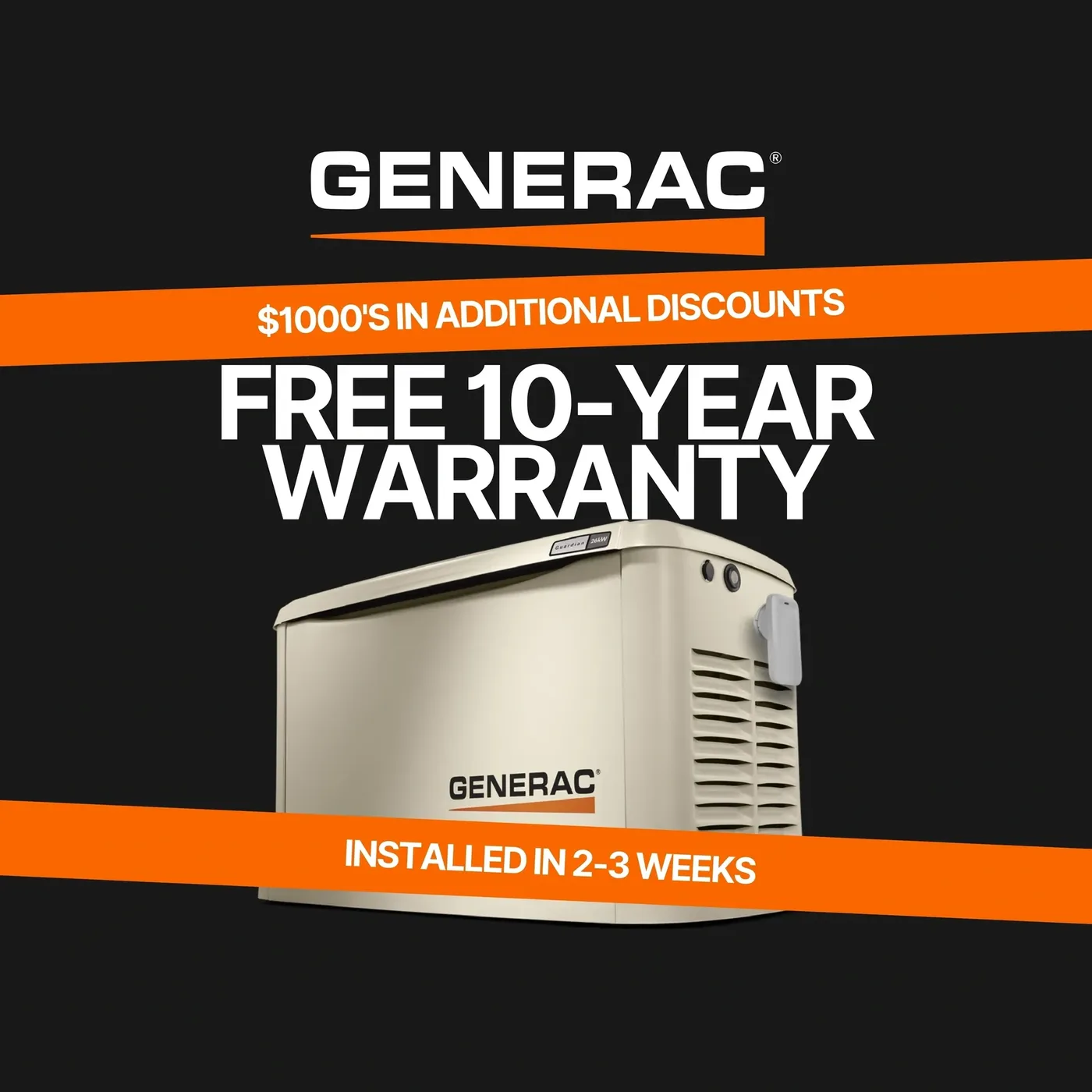 Generac free 10-year warranty promotion graphic