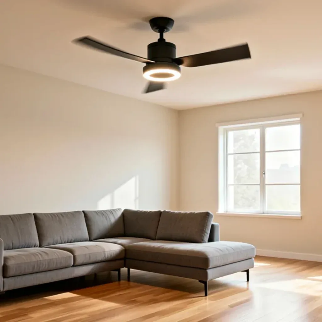 Black ceiling fan with LED light ring in a bright living room