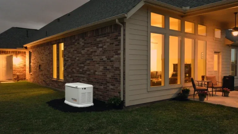 Generac standby generator beside a brick house at dusk with lit windows