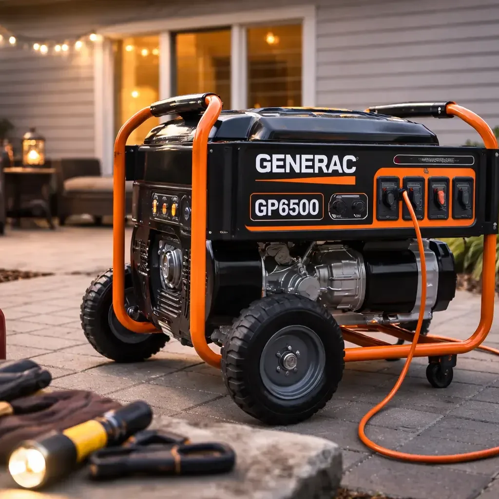 Generac GP6500 portable generator on a patio with a cord plugged in
